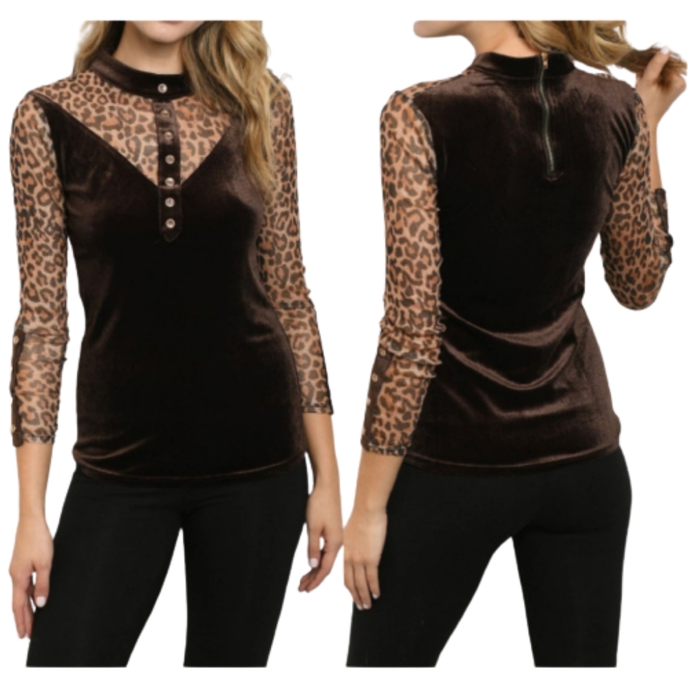 Top Secret Brown Velvet Top Leopard Sparkle Cheetah Blouse NEW